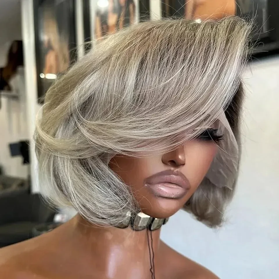 Ombre Brown Short Bob Straight Human Hair Wig 13x4 13x6 Hd Lace Frontal Wig Wear and Go Free Part Glueless Wig Human Hair Pre Plucked Daily Cosplay For Women, view 5