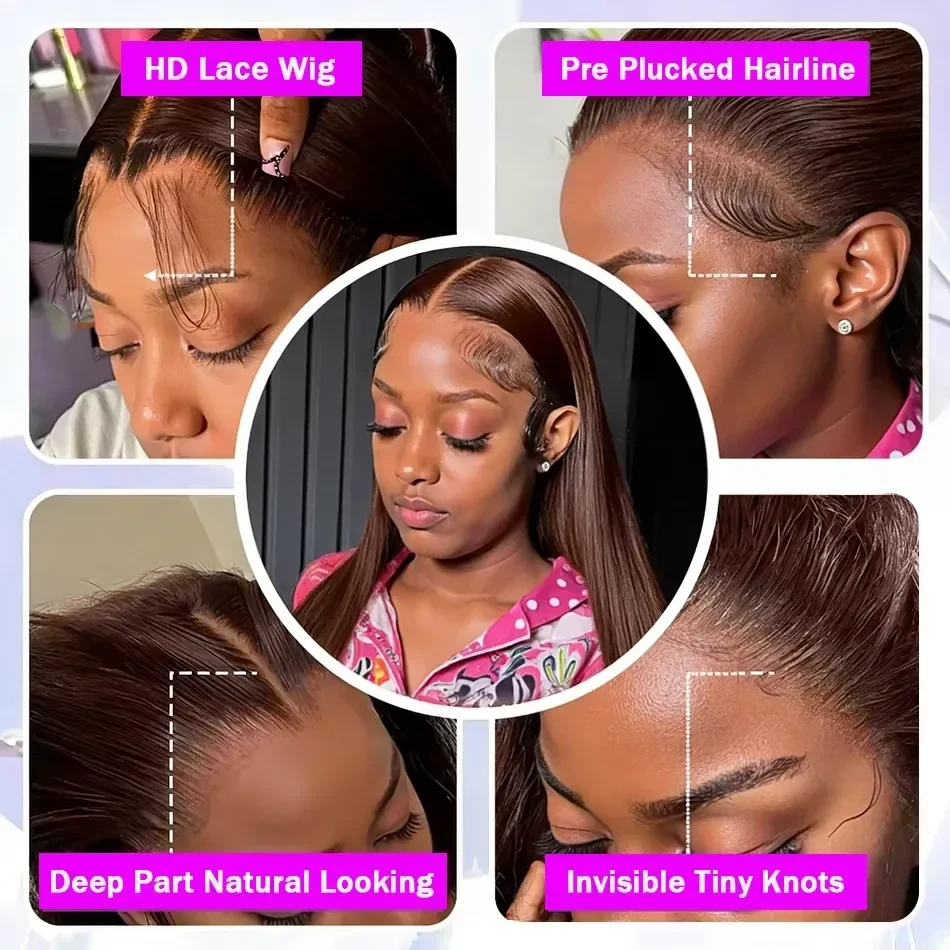 Chocolate Brown 13x4 HD Straight Lace Front Wig Brazilian 13x6 360 Full Lace Frontal Wigs For Women Brazilian Remy Human Hair Wig Pre Plucked, view 3