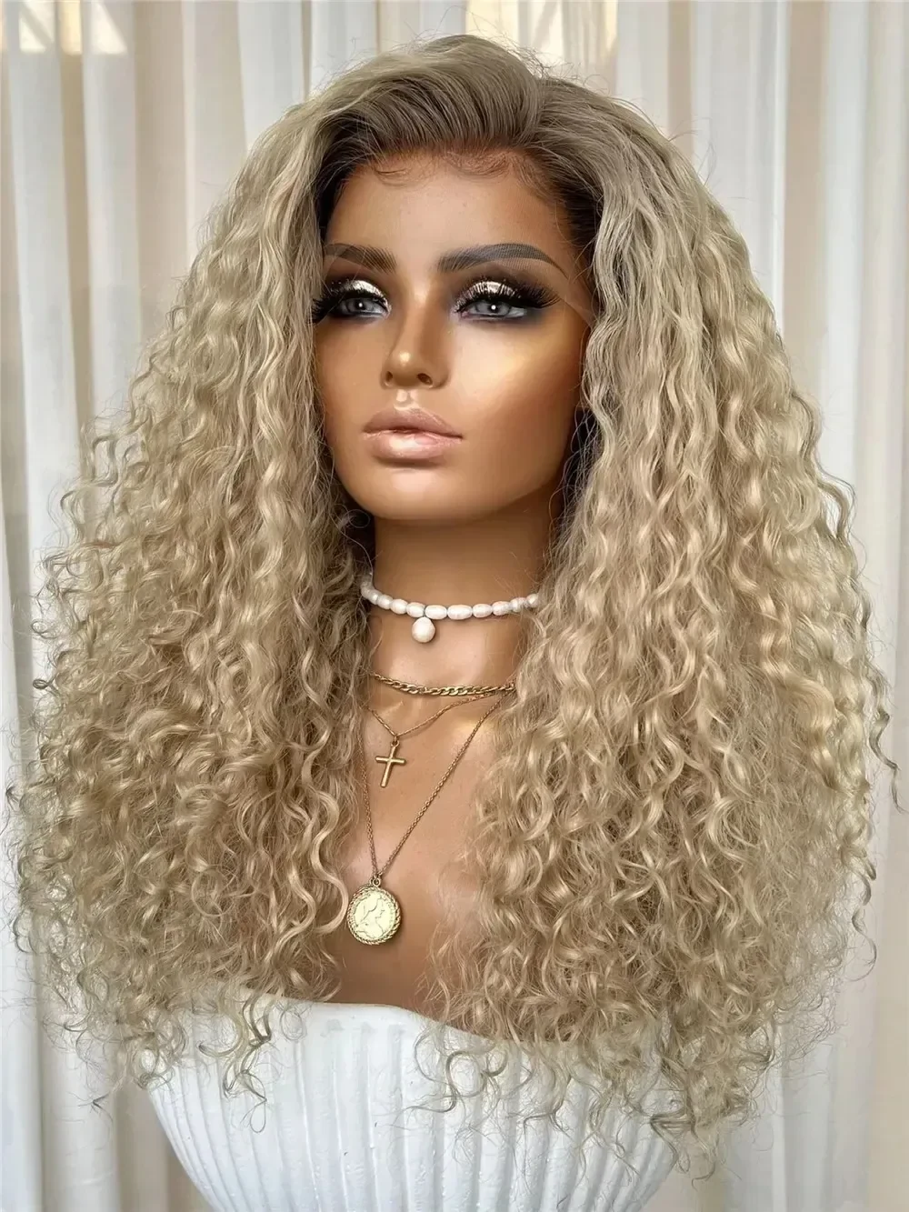 Ombre Ash Blonde Kinky Curly Human Hair Wig Long Deep Wave Glueless 13x4 Lace Front Wig With Dark Roots Natural Hairline Wear and Go Pre Plucked With Baby Hair For Women