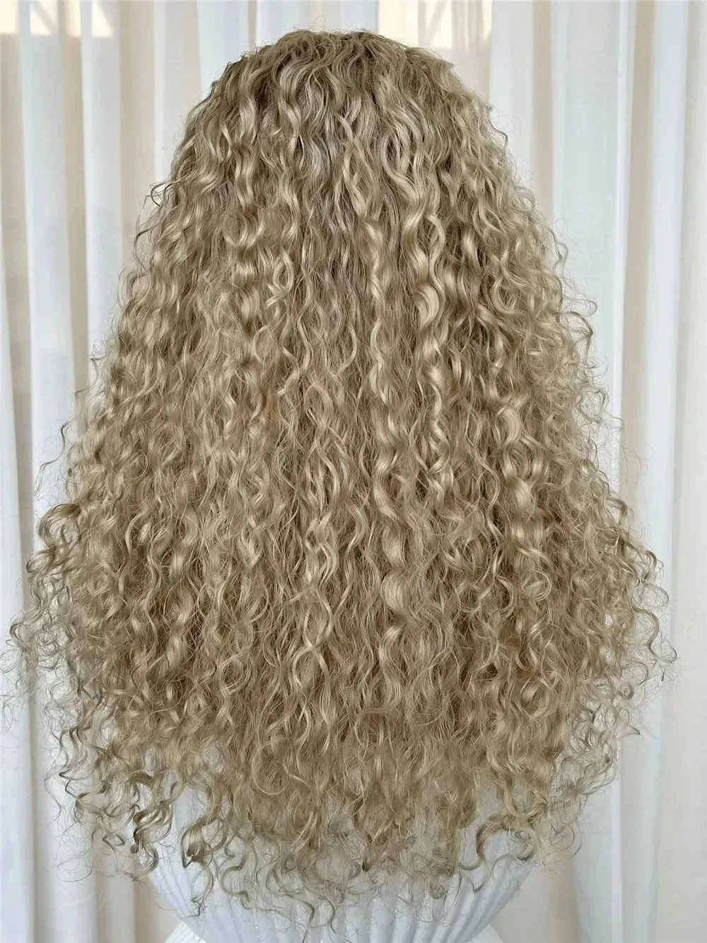 Ombre Ash Blonde Kinky Curly Human Hair Wig Long Deep Wave Glueless 13x4 Lace Front Wig With Dark Roots Natural Hairline Wear and Go Pre Plucked With Baby Hair For Women, view 3