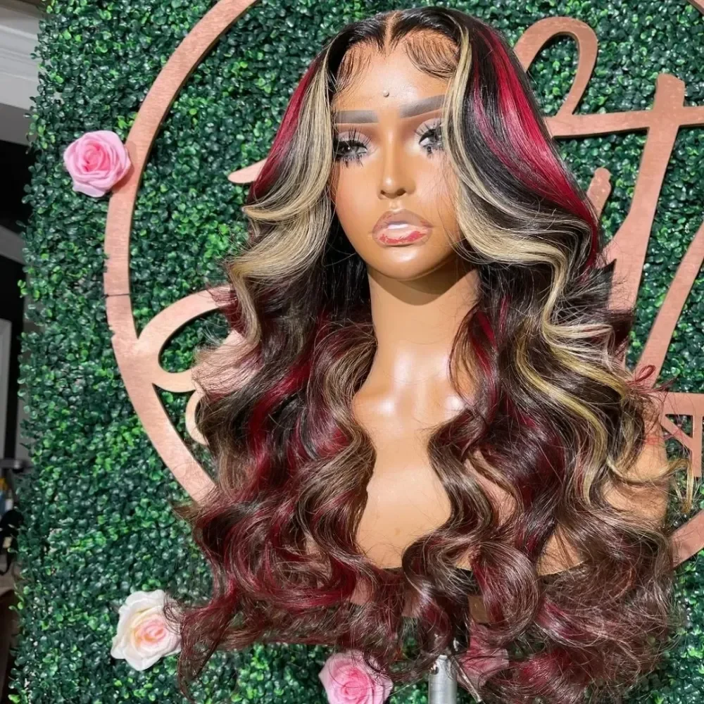 200%Density Black Red Blonde Body Wave Human Hair Wigs 13x4 13x6 HD Lace Frontal Wig Blonde Colored Curly Wave Lace Front Water Wave Wigs For Women Cosplay Party