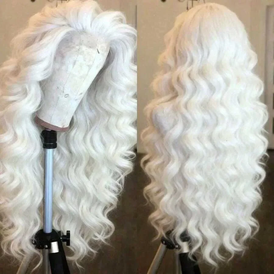 Platinum White Wave Lace Front Wigs Human Hair 13x4 High Definition Transparent Lace Forehead Womens Style Thick And Full Human Hair Wig 200 De X260812, view 2