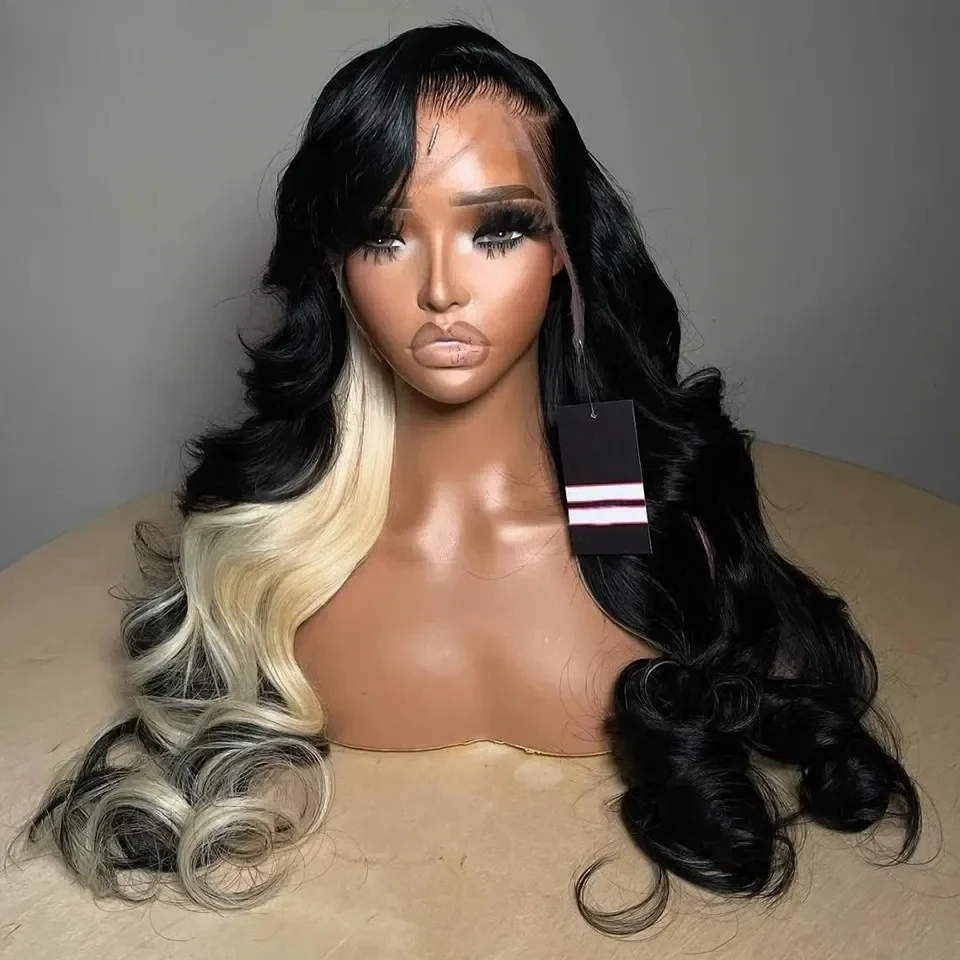 Curly 613 Blonde With Black Half Highlight Body Wave 13X4 Brazilian 180 Density Human Hair Pre Plucked With Baby Hair Glueless Wear And Go For Women Daily Use Party