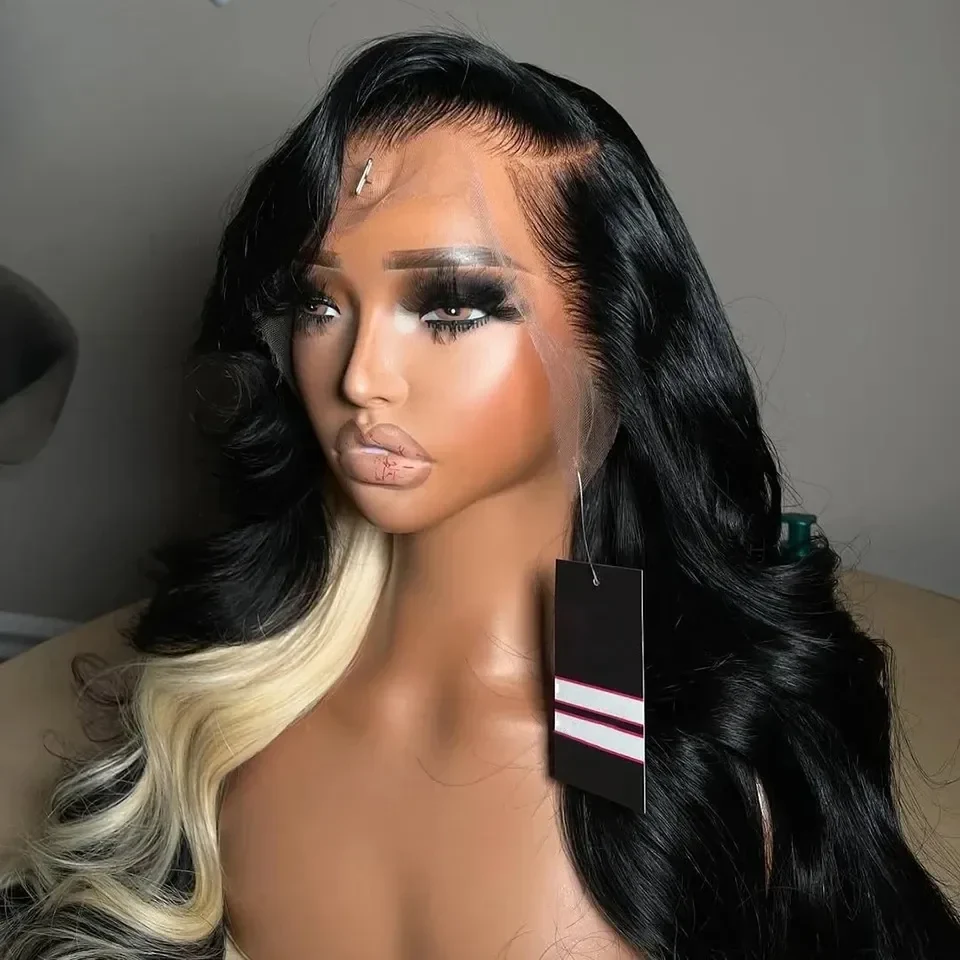 Curly 613 Blonde With Black Half Highlight Body Wave 13X4 Brazilian 180 Density Human Hair Pre Plucked With Baby Hair Glueless Wear And Go For Women Daily Use Party, view 2