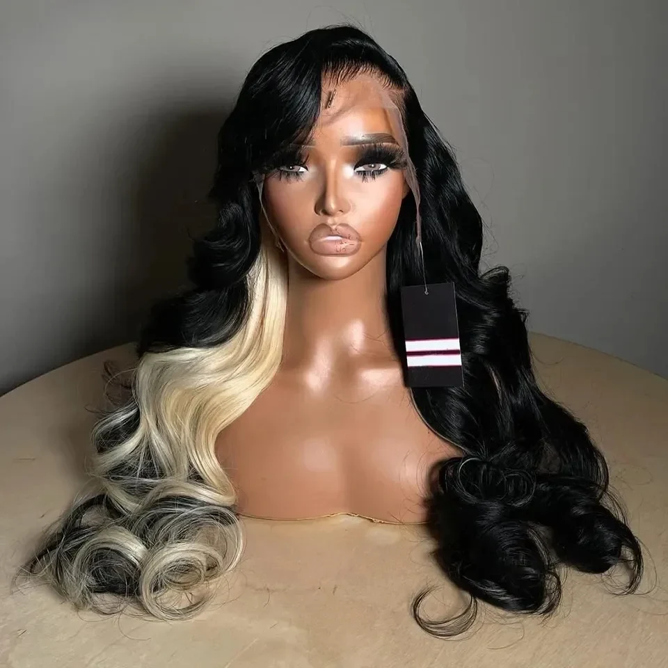 Curly 613 Blonde With Black Half Highlight Body Wave 13X4 Brazilian 180 Density Human Hair Pre Plucked With Baby Hair Glueless Wear And Go For Women Daily Use Party, view 3