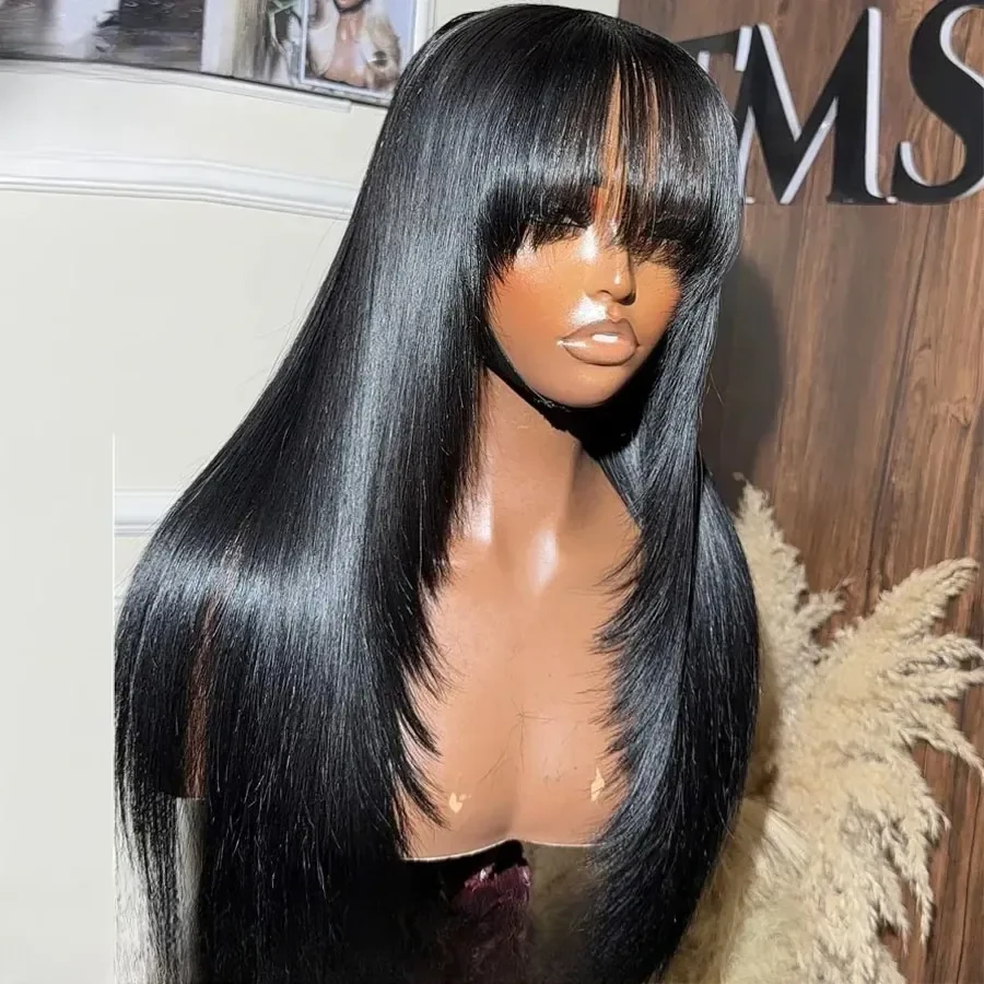 Straight Layered Human Hair Wig with Bangs Black 13x6 Hd Lace Frontal Wig Wear and Go Pre Plucked for Woman Perruque Glueless Cheap Front Lace Wig Cosplay, view 2