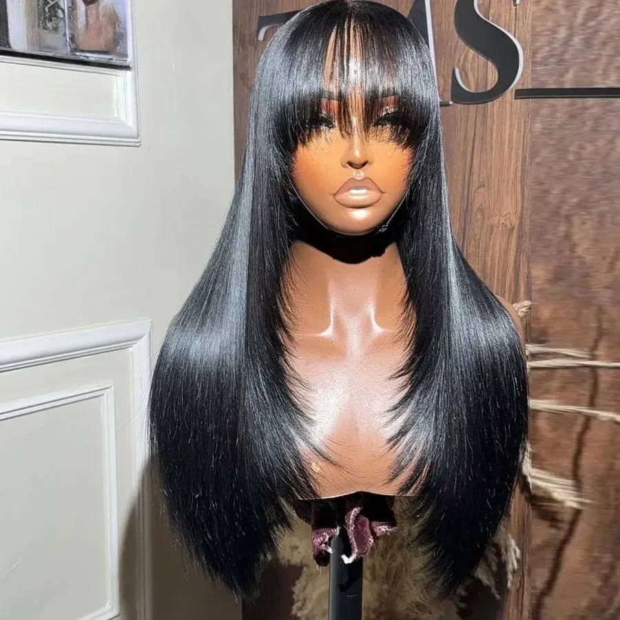 Straight Layered Human Hair Wig with Bangs Black 13x6 Hd Lace Frontal Wig Wear and Go Pre Plucked for Woman Perruque Glueless Cheap Front Lace Wig Cosplay