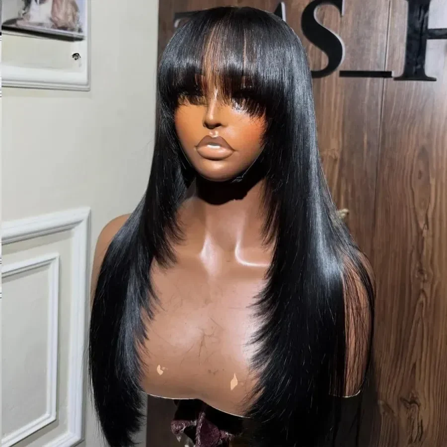 Straight Layered Human Hair Wig with Bangs Black 13x6 Hd Lace Frontal Wig Wear and Go Pre Plucked for Woman Perruque Glueless Cheap Front Lace Wig Cosplay, view 3