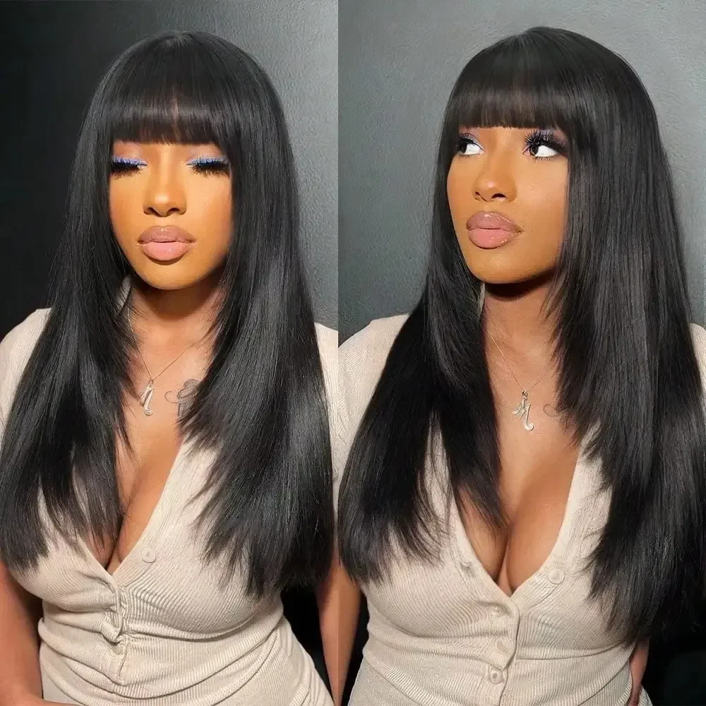 Straight Layered Human Hair Wig with Bangs Black 13x6 Hd Lace Frontal Wig Wear and Go Pre Plucked for Woman Perruque Glueless Cheap Front Lace Wig Cosplay, view 4