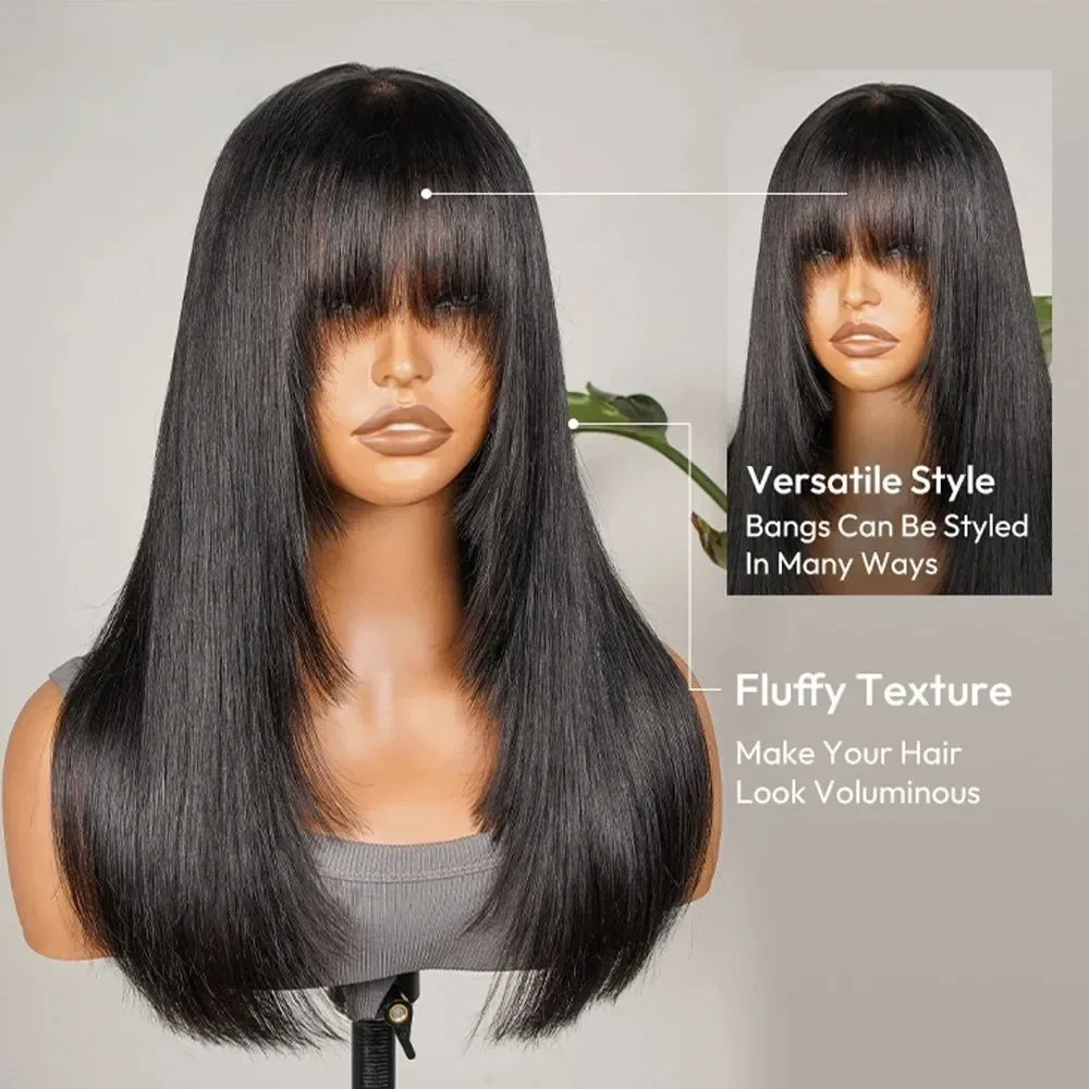 Straight Layered Human Hair Wig with Bangs Black 13x6 Hd Lace Frontal Wig Wear and Go Pre Plucked for Woman Perruque Glueless Cheap Front Lace Wig Cosplay, view 5