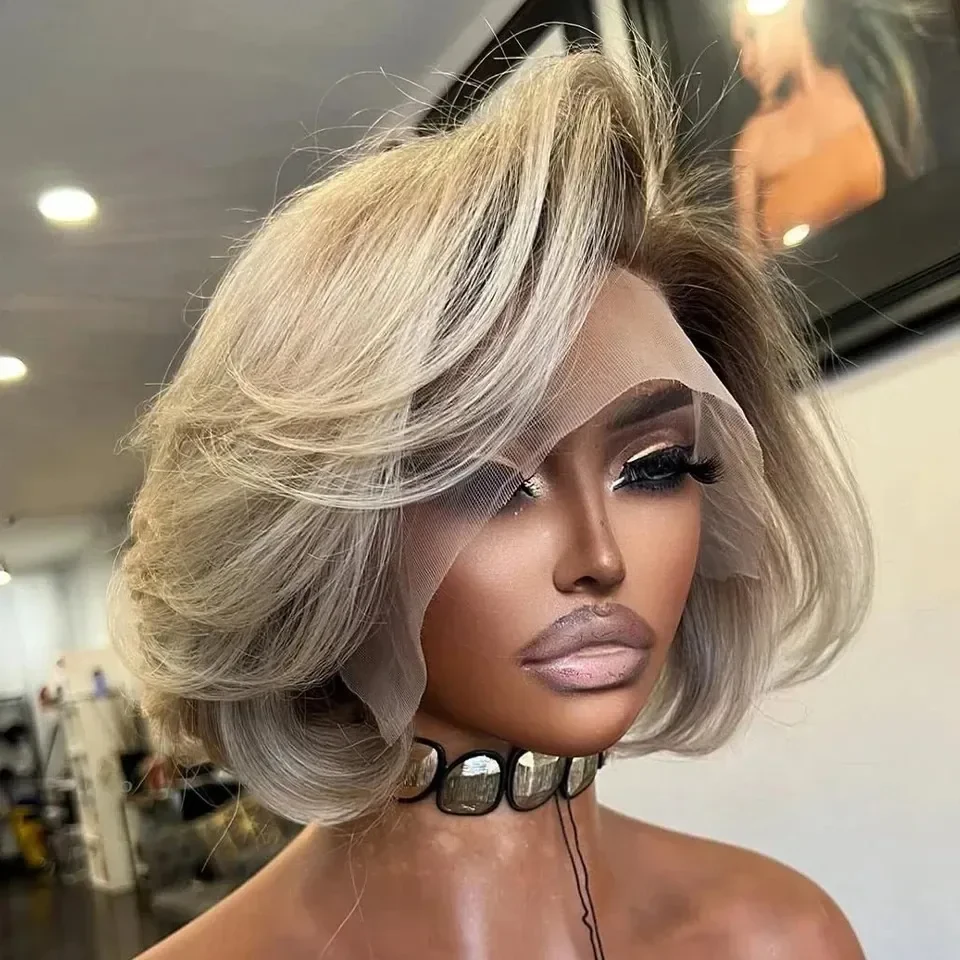 180 Density Straight Short Bob Human Hair Wigs 13x4 13x6 HD Lace Frontal Wigs Wear and Go Glueless Clear Invisible Skin Top Lace Wigs PrePlucked on Clearance Sale, view 3