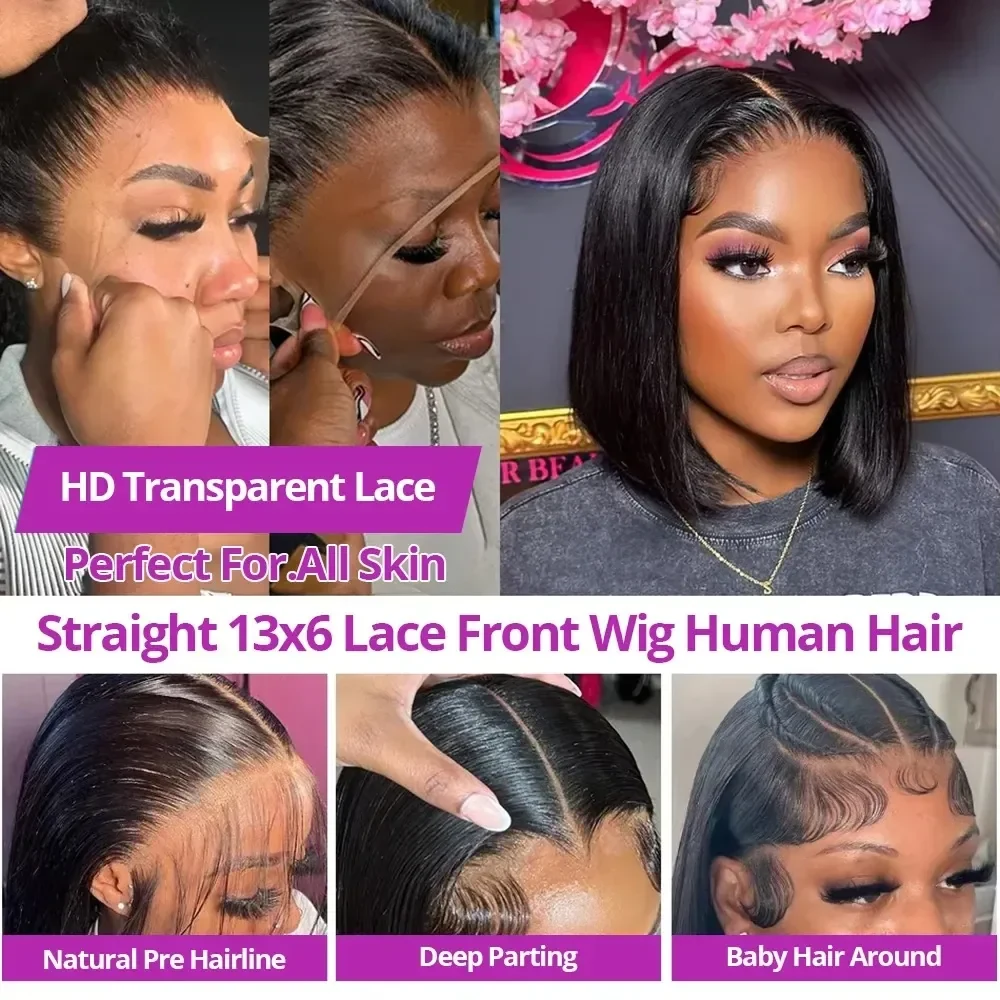 180 Density Straight Short Bob Human Hair Wigs 13x4 13x6 HD Lace Frontal Wigs Wear and Go Glueless Clear Invisible Skin Top Lace Wigs PrePlucked on Clearance Sale, view 5