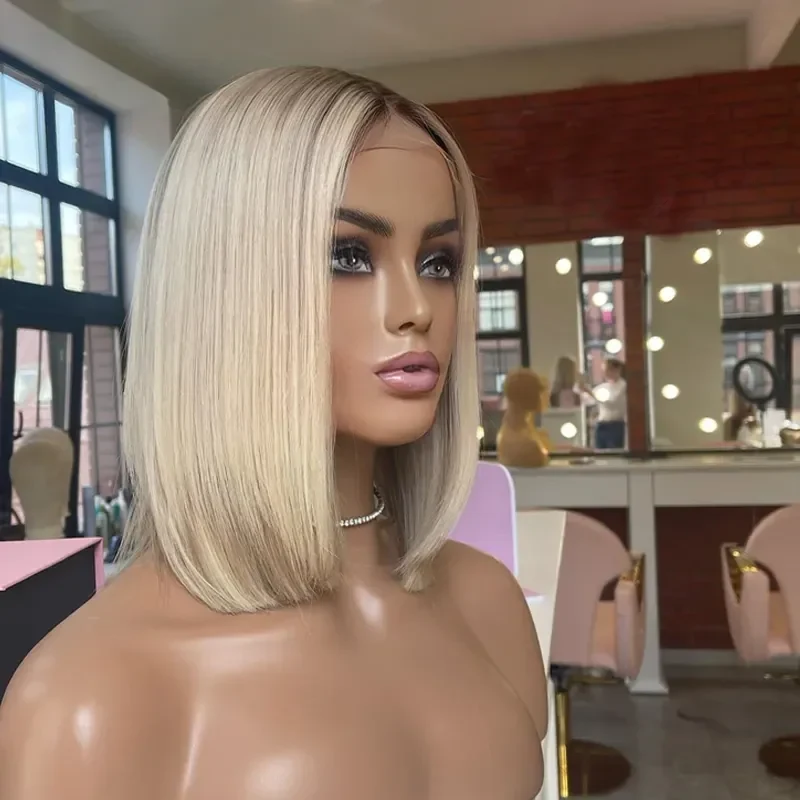 200density 13x4 Frontal Blonde Lace Front Human Hair Ombre Color Short Straight Bob Wigs for Women, view 4