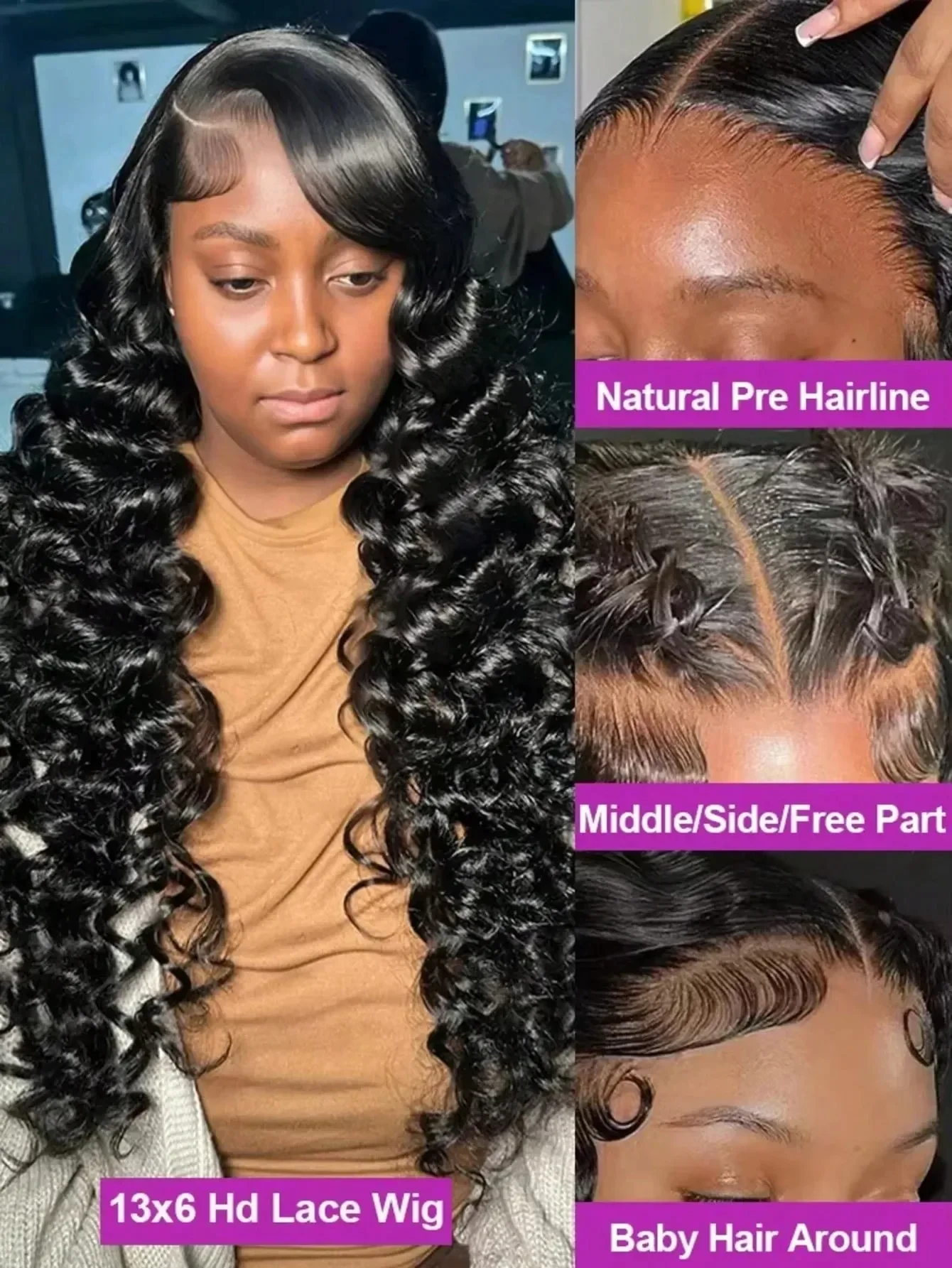 220% Density Loose Wave 13x4 13x6 HD Lace Frontal Wigs Black Deep Wave Pre Plucked Braizilian Remy Human Hair Wig Glueless Wear And Go Preplucked For Women Daily Us, view 4