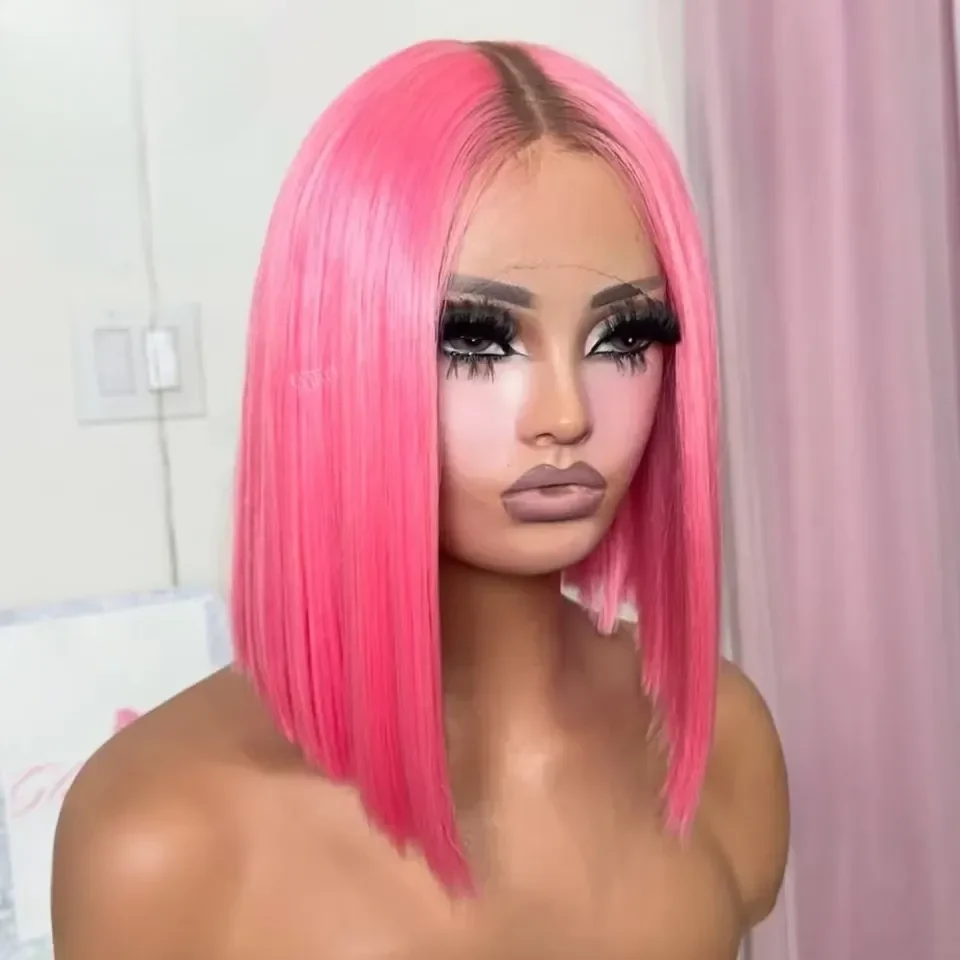 Bob HD Straight With Dark Roots 13x6 Lace Front Wig Ombre Pink Glueless Human Hair Wig Natural Hairline Wear To Go Preplucked Baby Hair Lace Wig For Women Party Cosplay, view 3