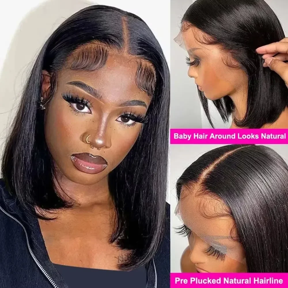 16 Inch Black Short Bob Human Hair Wigs 13x6 HD Lace Front Wigs Pre Plucked Baby Hair Straight Glueless Lace Wigs For Women Daily Party, view 3