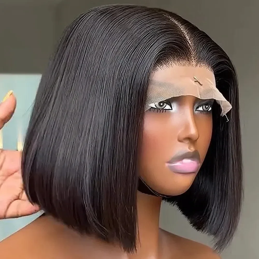 200 Density Bone Straight 13x6 HD Lace Front Wig Black Bob Wigs HD 13x4 Glueless Lace Front Human Hair Preplucked Baby Hair Side Part Wear Go Wig For Women Daily Use Work, view 2