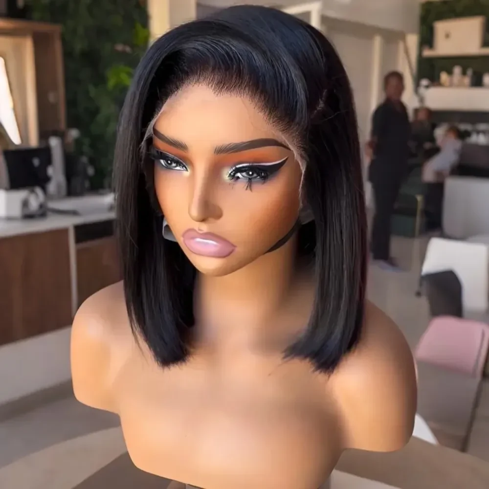 200 Density Bone Straight 13x6 HD Lace Front Wig Black Bob Wigs HD 13x4 Glueless Lace Front Human Hair Preplucked Baby Hair Side Part Wear Go Wig For Women Daily Use Work