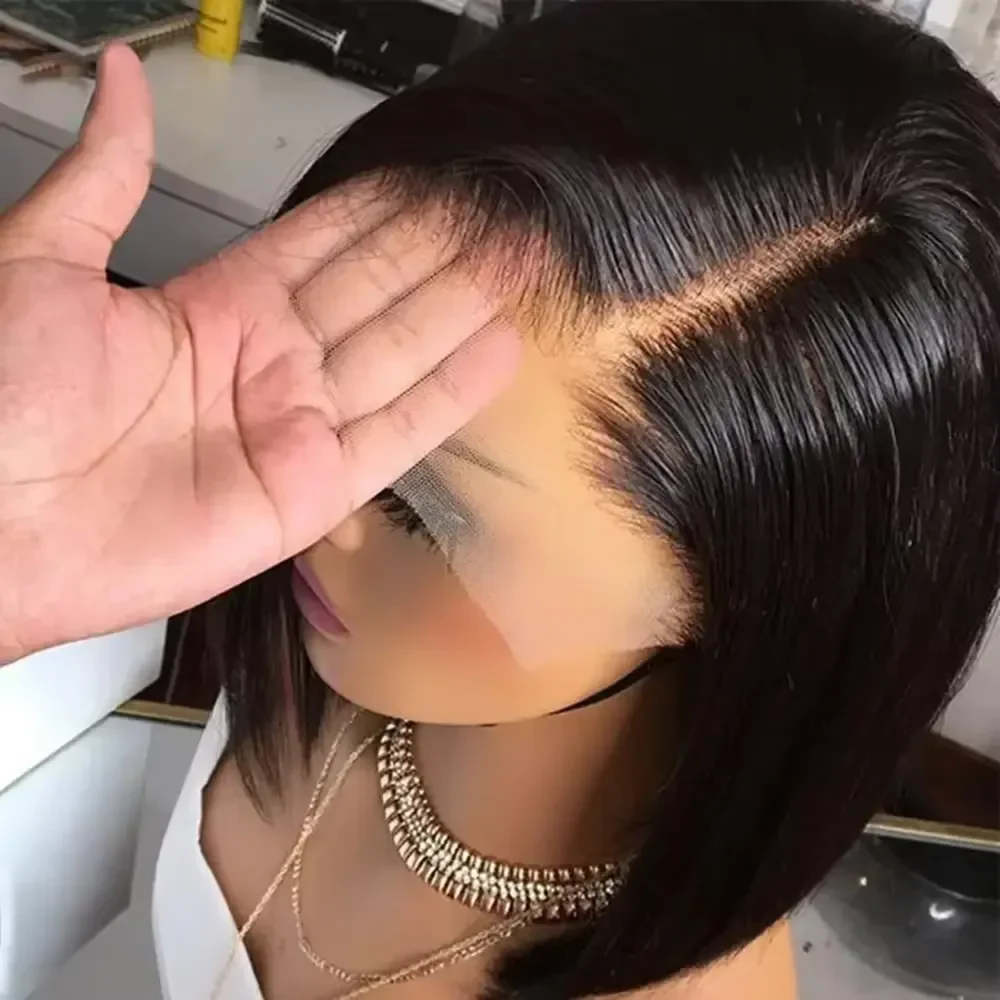 200 Density Bone Straight 13x6 HD Lace Front Wig Black Bob Wigs HD 13x4 Glueless Lace Front Human Hair Preplucked Baby Hair Side Part Wear Go Wig For Women Daily Use Work, view 3