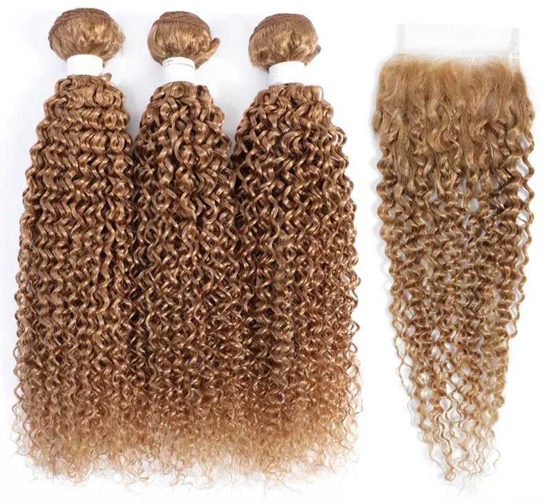 Brazilian Human Hair 3 Bundles With 4*4 Lace Closure 27# Color Kinky Curly Yirubeauty Virgin Hair Wefts With Closure Free Part