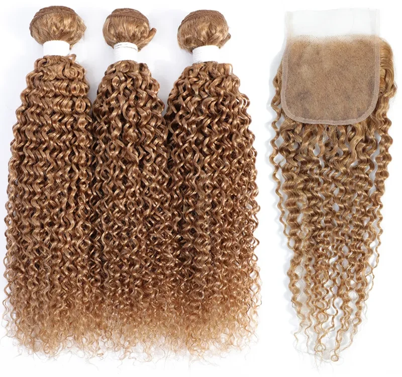 Brazilian Human Hair 3 Bundles With 4*4 Lace Closure 27# Color Kinky Curly Yirubeauty Virgin Hair Wefts With Closure Free Part, view 2