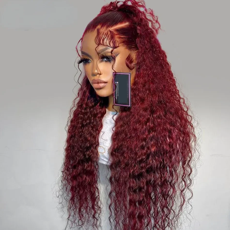 Brazilian 99J Burgundy Lace Front Wig 40 Inch Deep Wave Frontal Wig 13x4 Garnet Red Curly Lace Front Simualtion Human Hair Wigs Preplucked, view 2