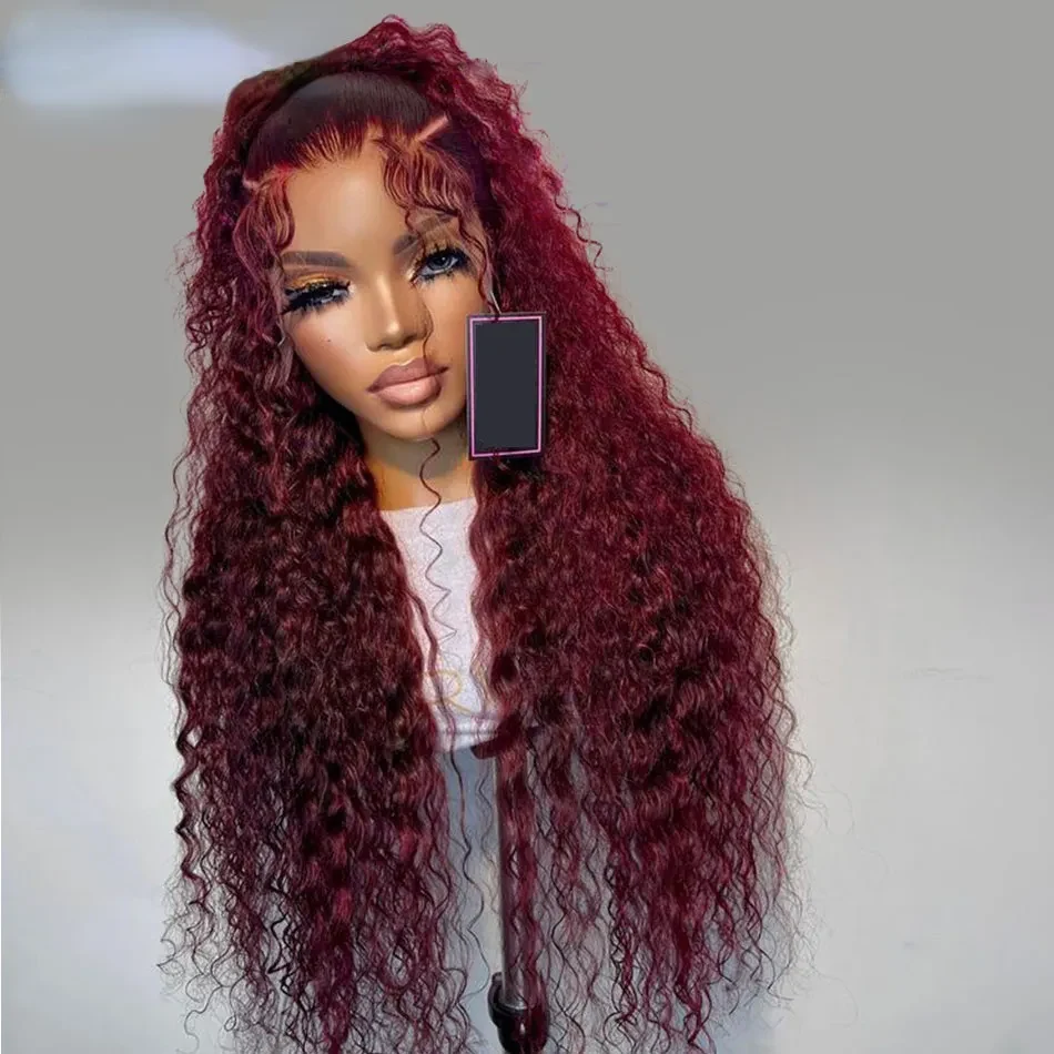 Brazilian 99J Burgundy Lace Front Wig 40 Inch Deep Wave Frontal Wig 13x4 Garnet Red Curly Lace Front Simualtion Human Hair Wigs Preplucked, view 3