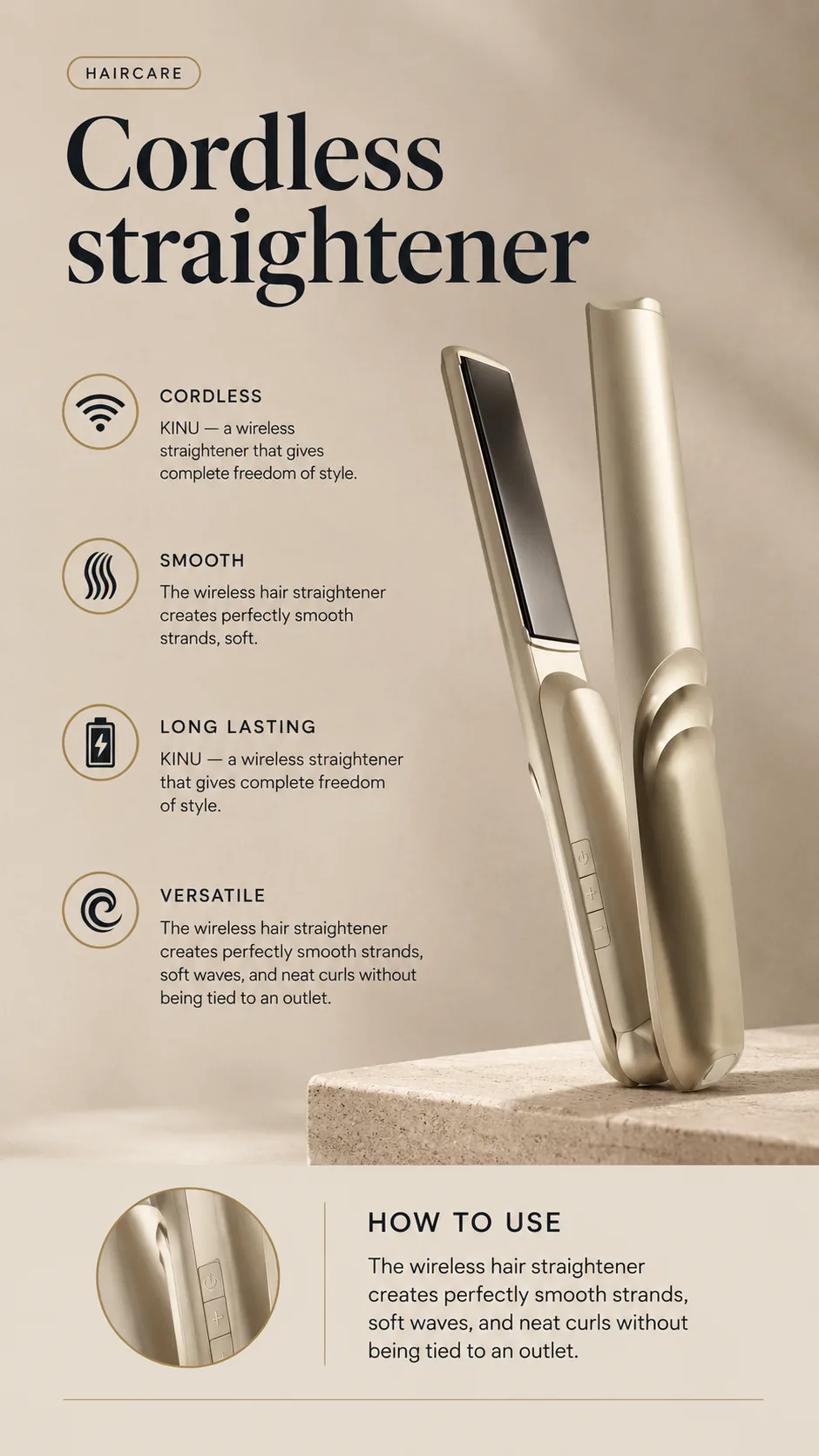 WAU KINU Cordless Straightener, view 5, AI-generated editorial scene, not a product photograph