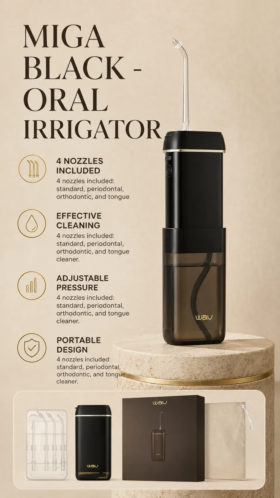 WAU MIGA BLACK Oral Irrigator, view 7, AI-generated editorial scene, not a product photograph