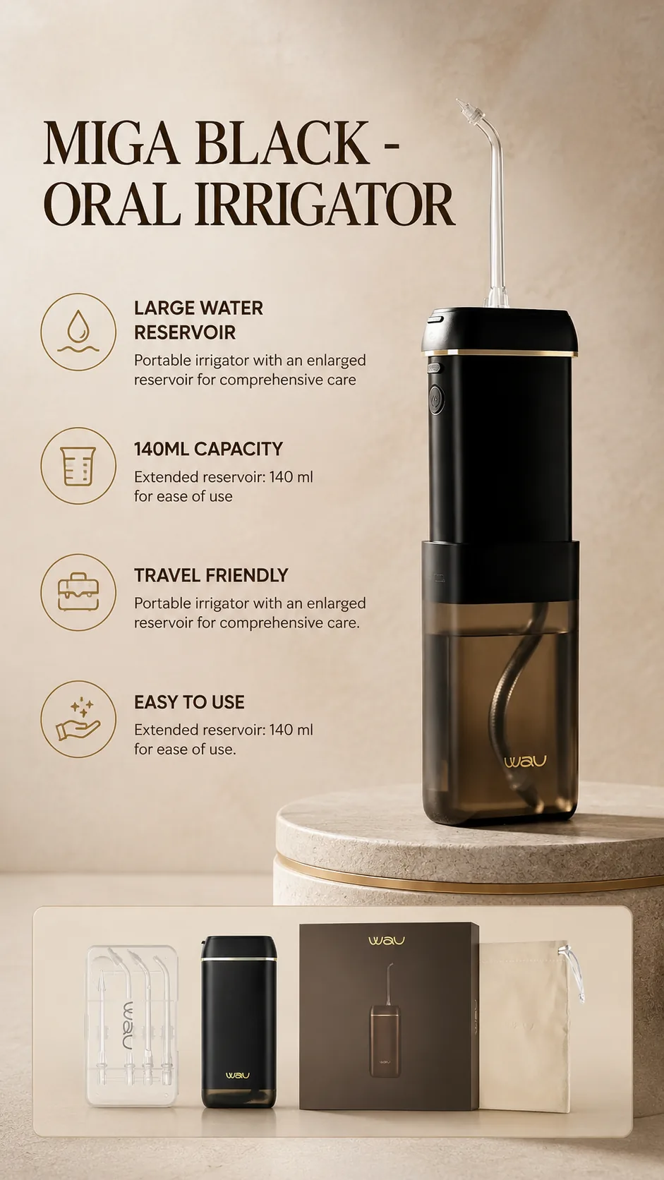 WAU MIGA BLACK Oral Irrigator, view 8, AI-generated editorial scene, not a product photograph