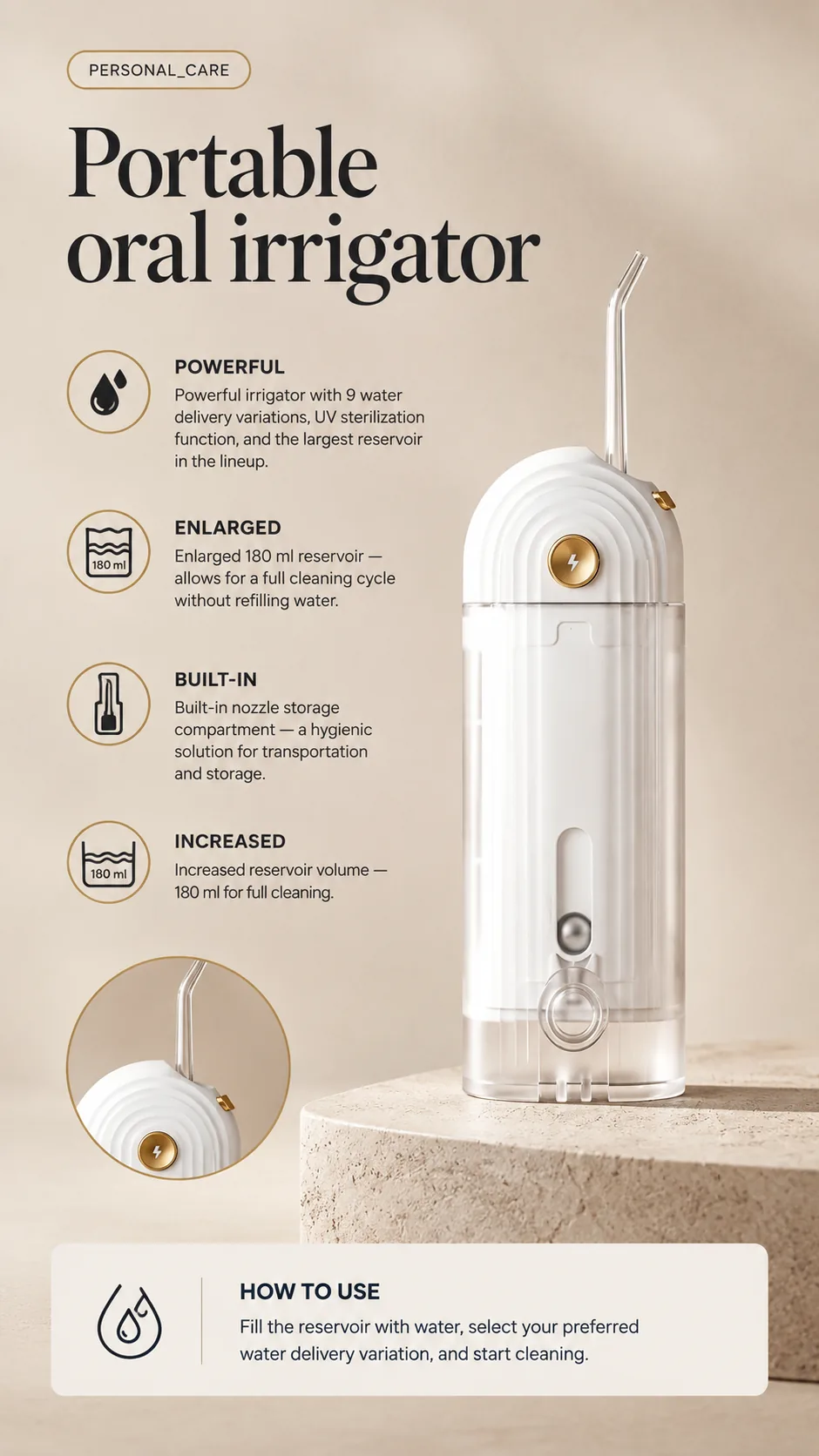 WAU MIGA PRO Portable Oral Irrigator, view 5, AI-generated editorial scene, not a product photograph