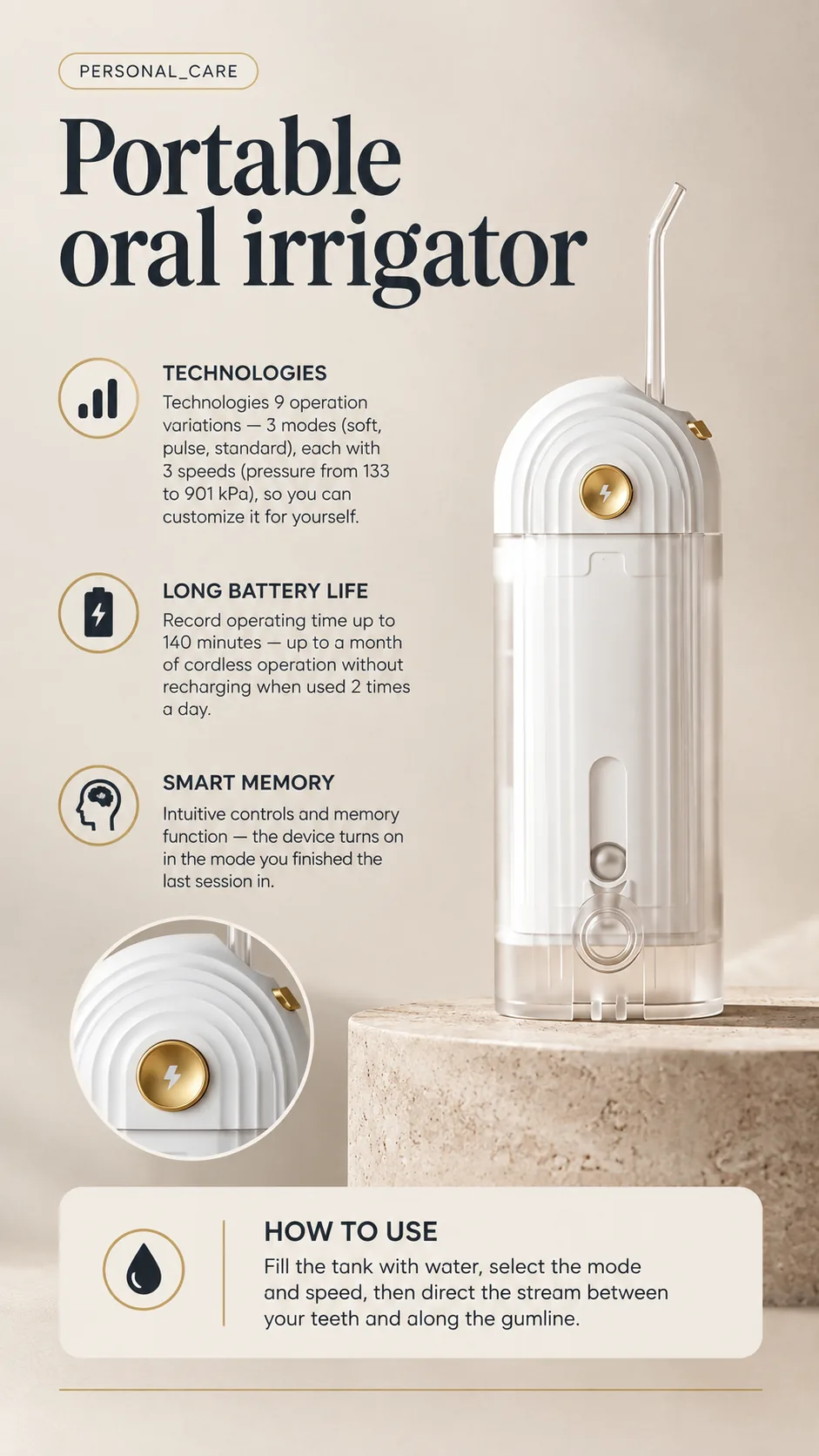 WAU MIGA PRO Portable Oral Irrigator, view 7, AI-generated editorial scene, not a product photograph