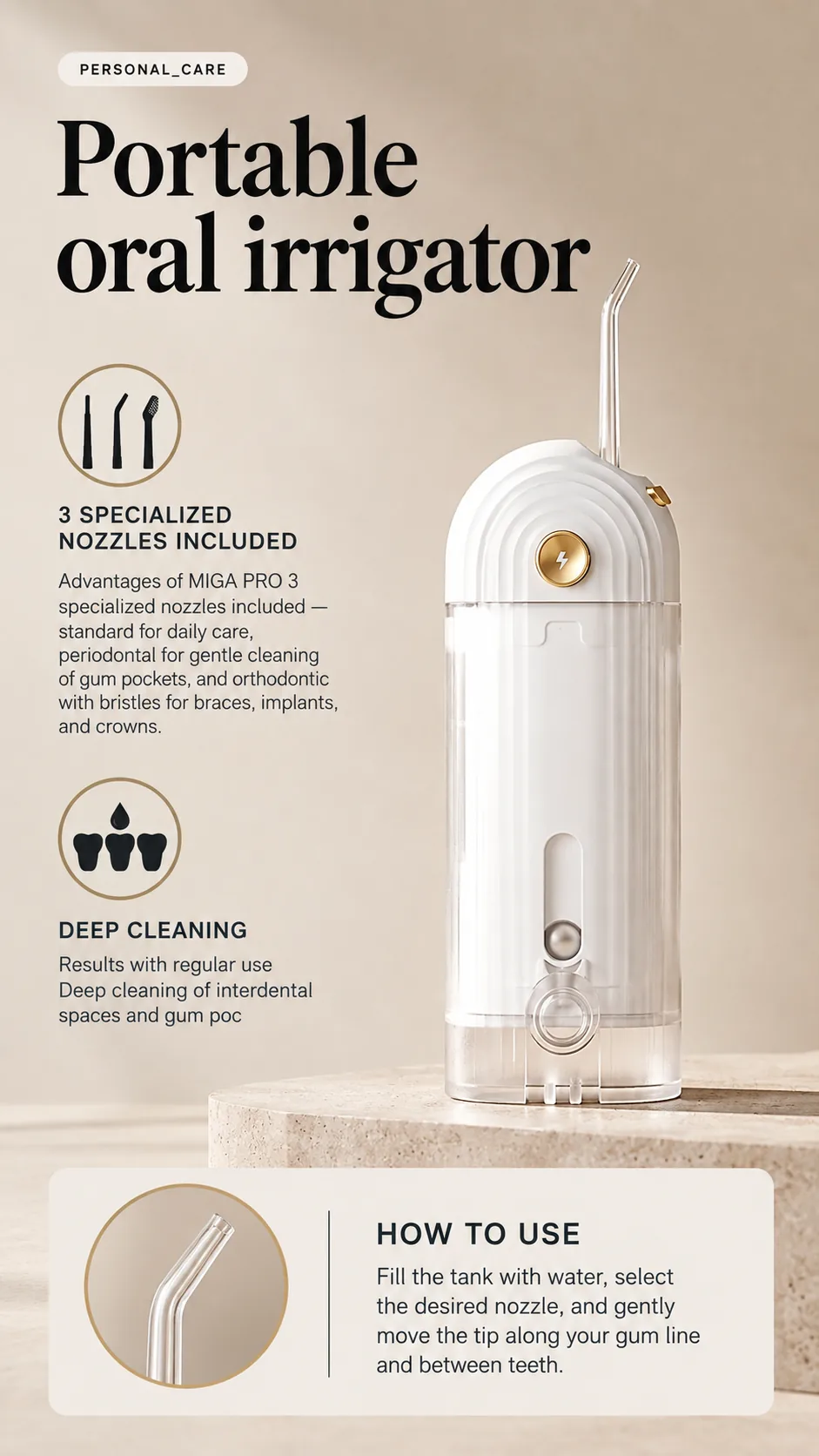 WAU MIGA PRO Portable Oral Irrigator, view 8, AI-generated editorial scene, not a product photograph