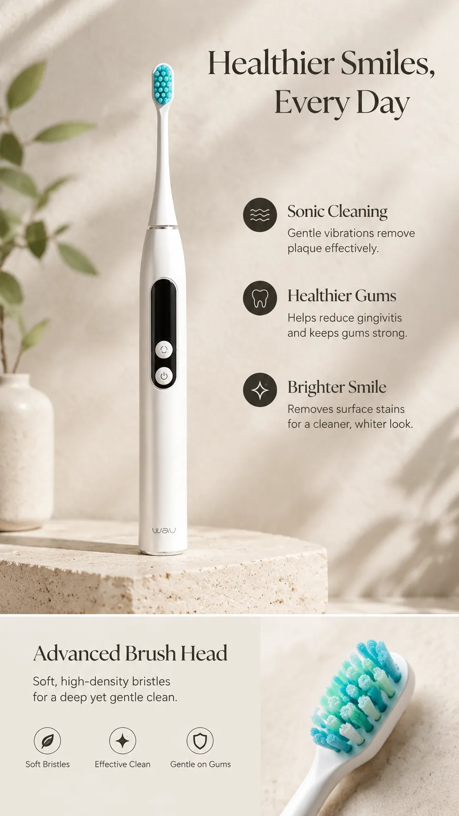 WAU MORI 2.0 Sonic Toothbrush, view 6, AI-generated editorial scene, not a product photograph