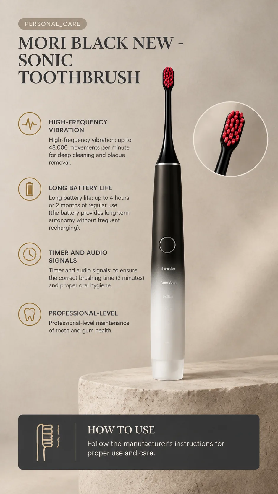 WAU MORI BLACK Sonic Toothbrush, view 6, AI-generated editorial scene, not a product photograph