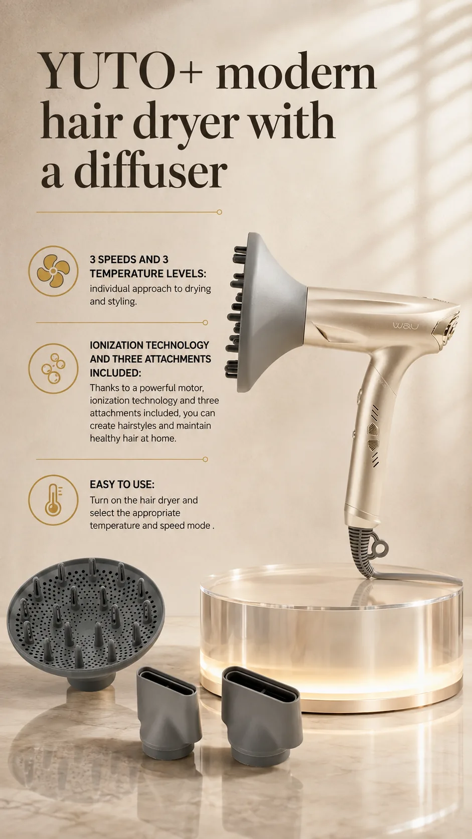 WAU YUTO+ Hair Dryer with Diffuser, view 4, AI-generated editorial scene, not a product photograph