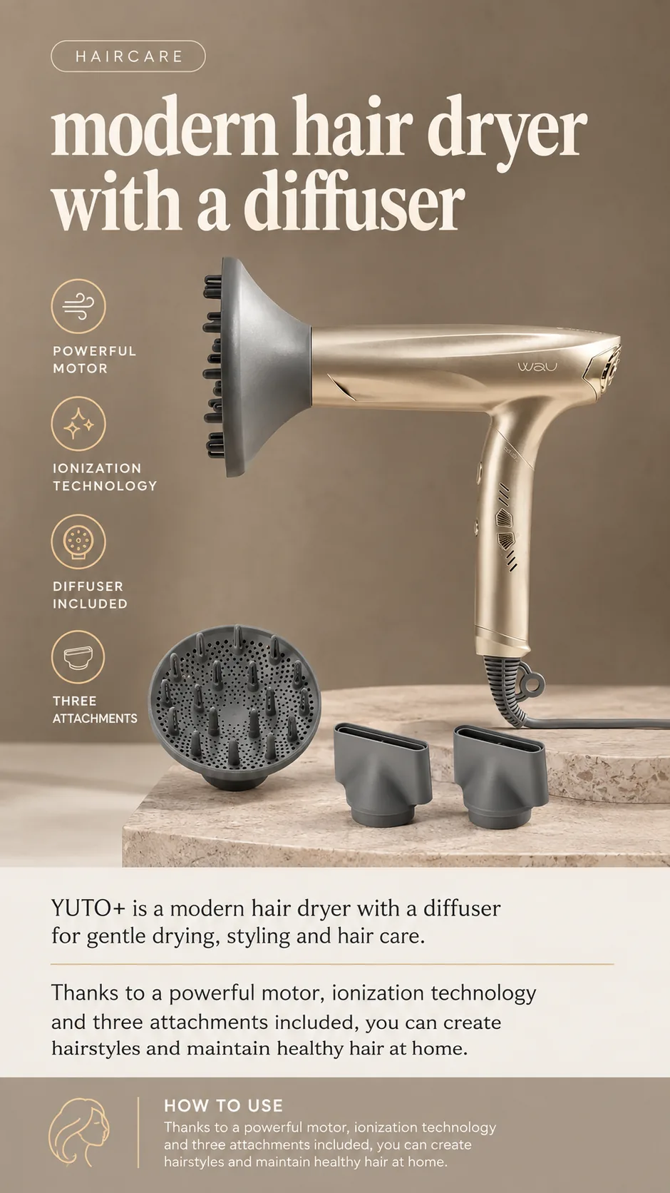 WAU YUTO+ Hair Dryer with Diffuser, view 5, AI-generated editorial scene, not a product photograph