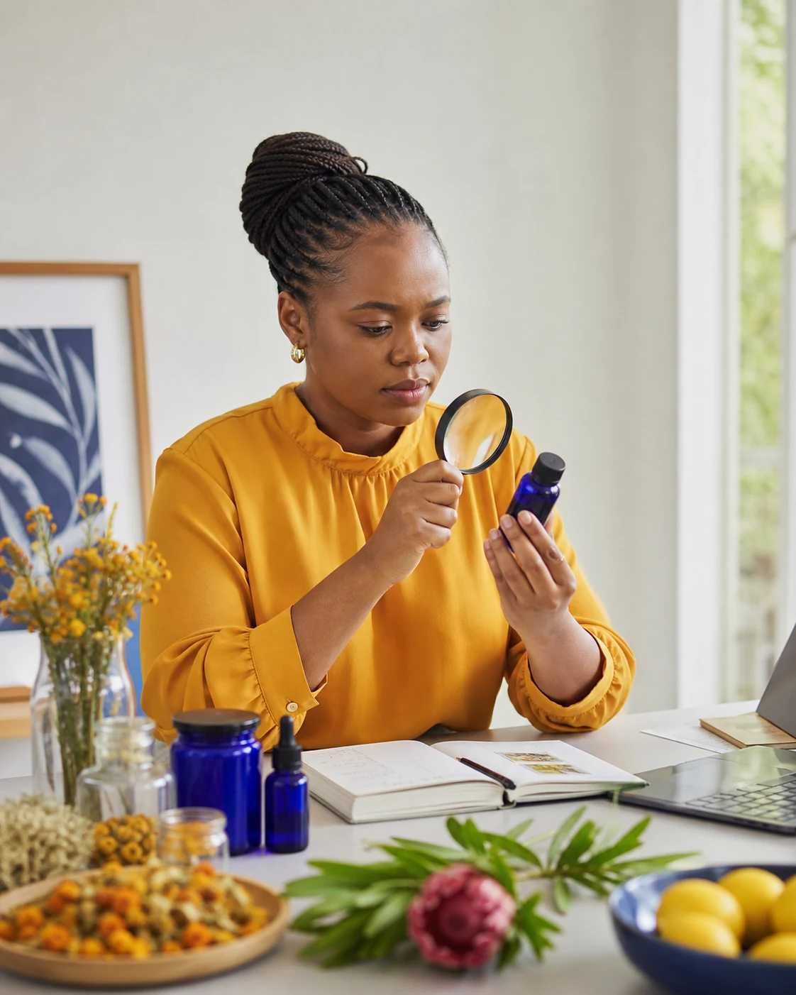 Editor examining an unbranded product label with a magnifying glass