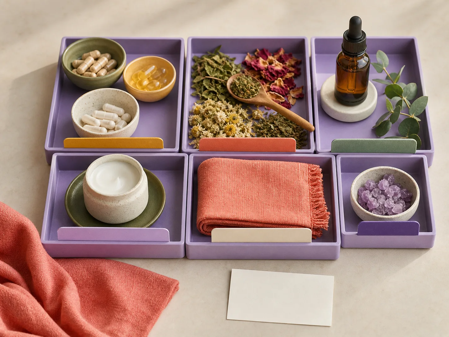Well-organised trays grouping capsules, botanicals, skincare and textiles by product type
