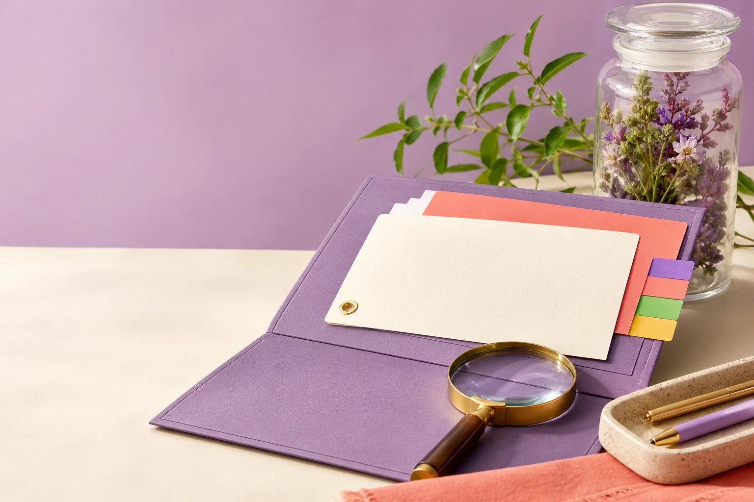An open purple review folder with a blank information card, coloured tabs and a magnifying glass beside botanical material