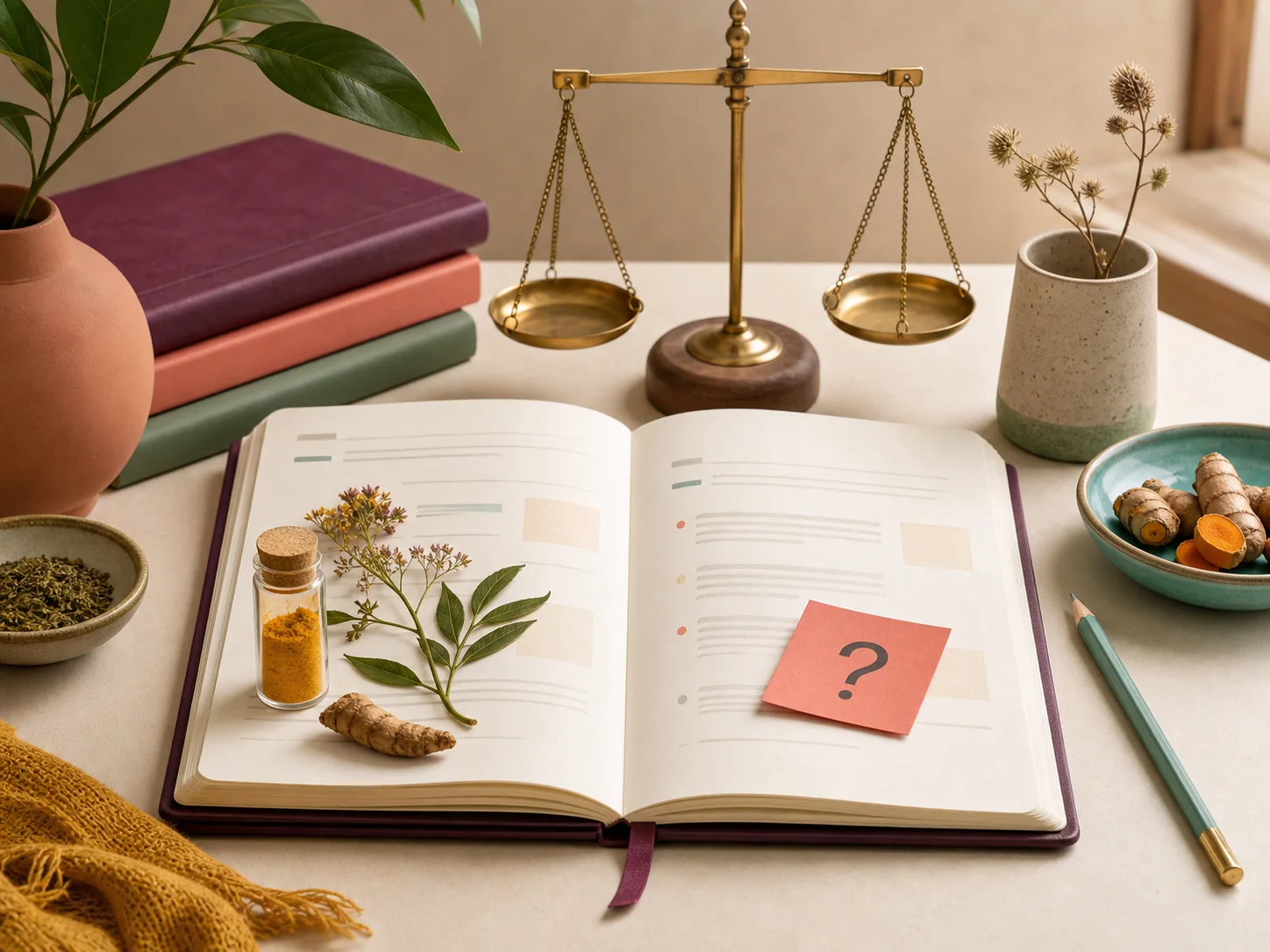 An open evidence notebook with abstract citation lines, botanical samples and a balanced brass scale