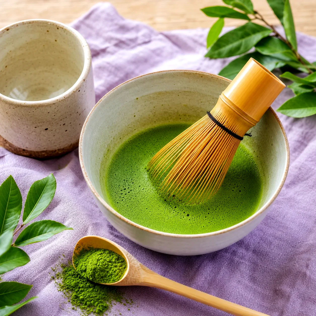Ceremonial matcha being whisked with a bamboo chasen