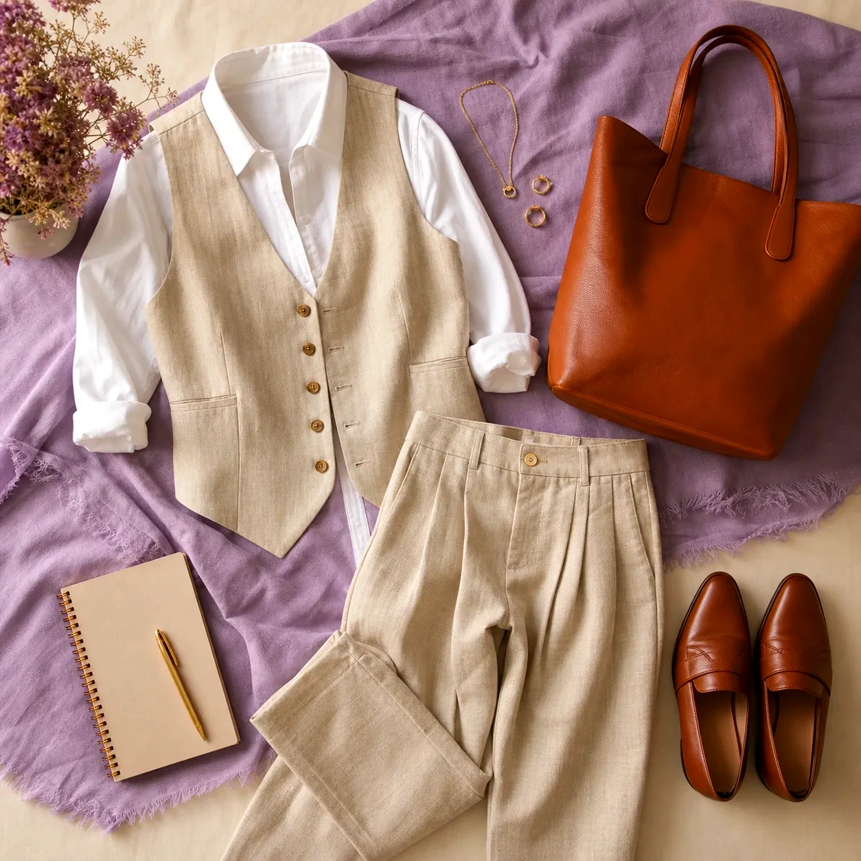 Linen waistcoat and tailored warm-weather office outfit