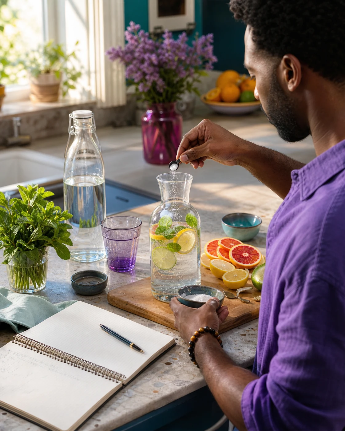 Black man measuring ingredients for a citrus and mint hydration preparation
