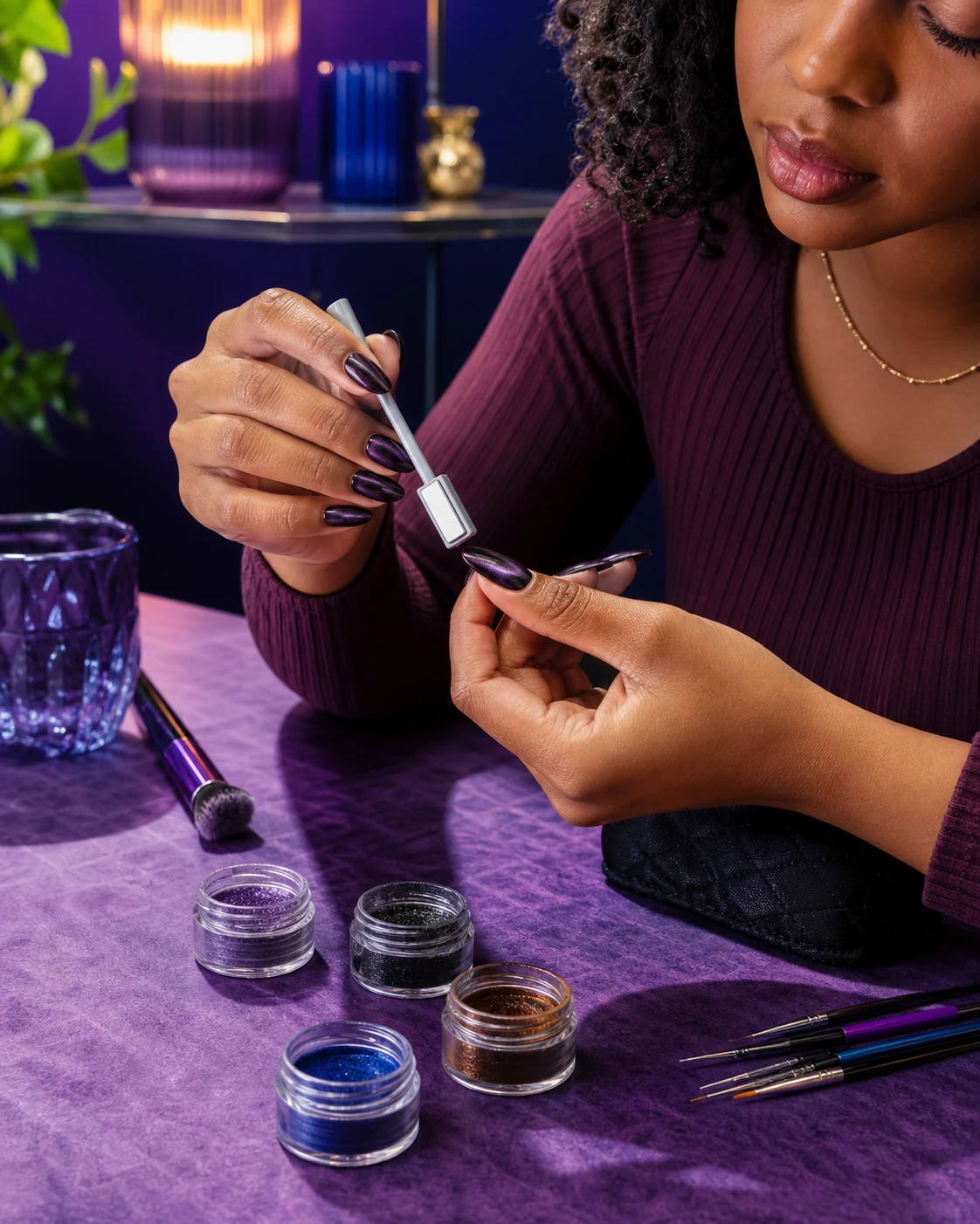 Black woman demonstrating a velvet cat-eye nail technique