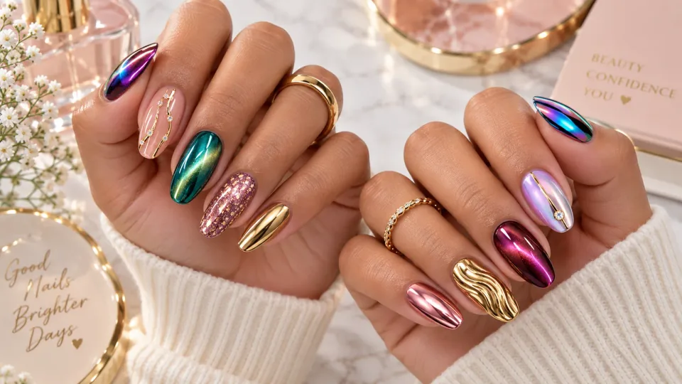 Editorial illustration for Velvet cat-eye nails